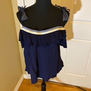 American Eagle Navy Blue Cold Shoulder Top with Tieable Tassel Straps